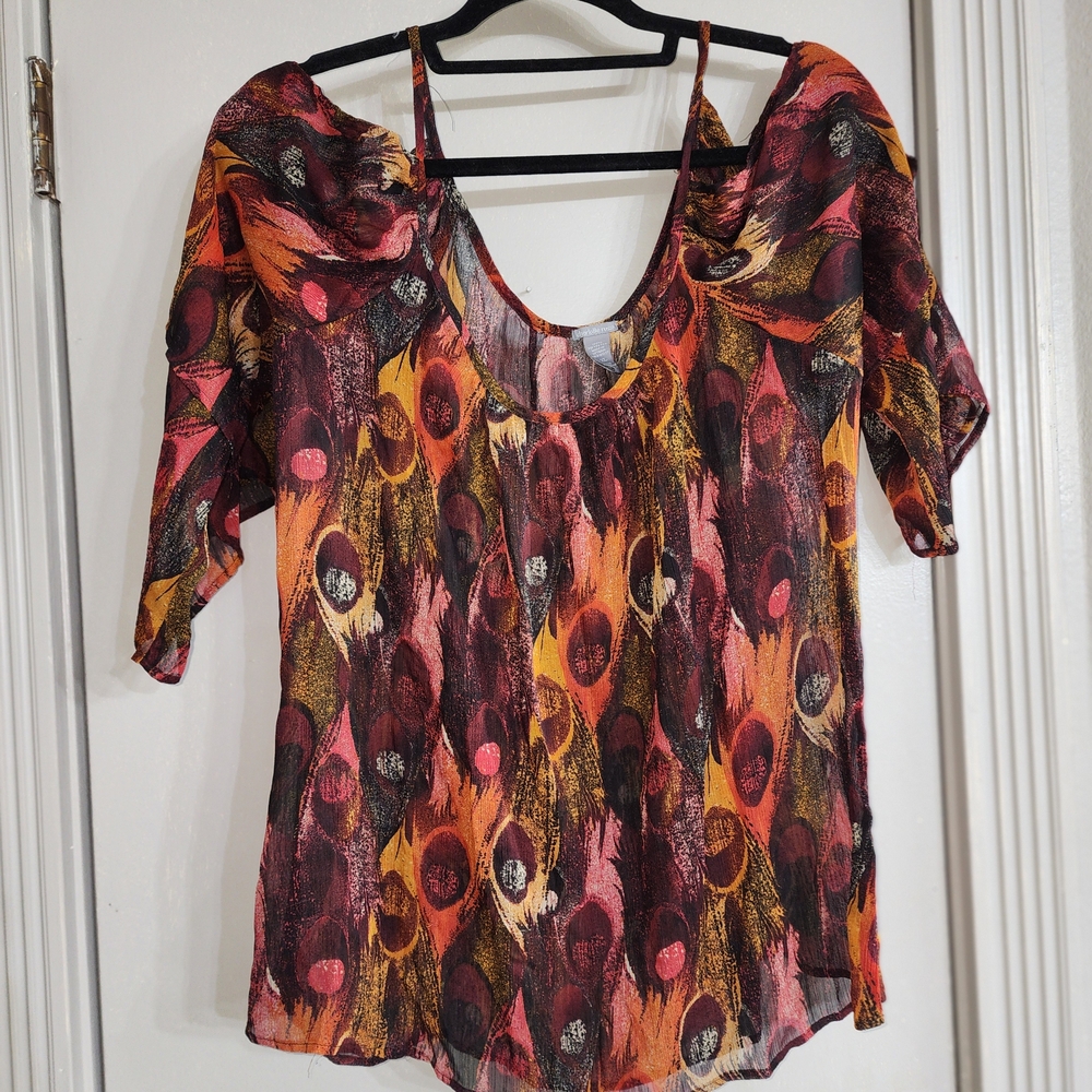 Charlotte Russe Multicolor Cold-Shoulder Blouse in Rust, Pink, Yellow